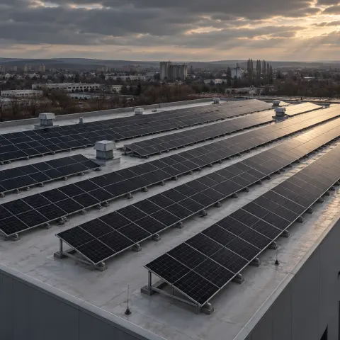 Rows of tilted solar panels on the flat roof of a warehouse