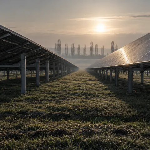 Rows of ground-mounted solar panels in a field at sunrise