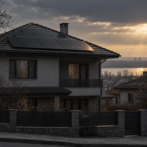 A family house in Ruse with black solar panels on its grey tiled roof