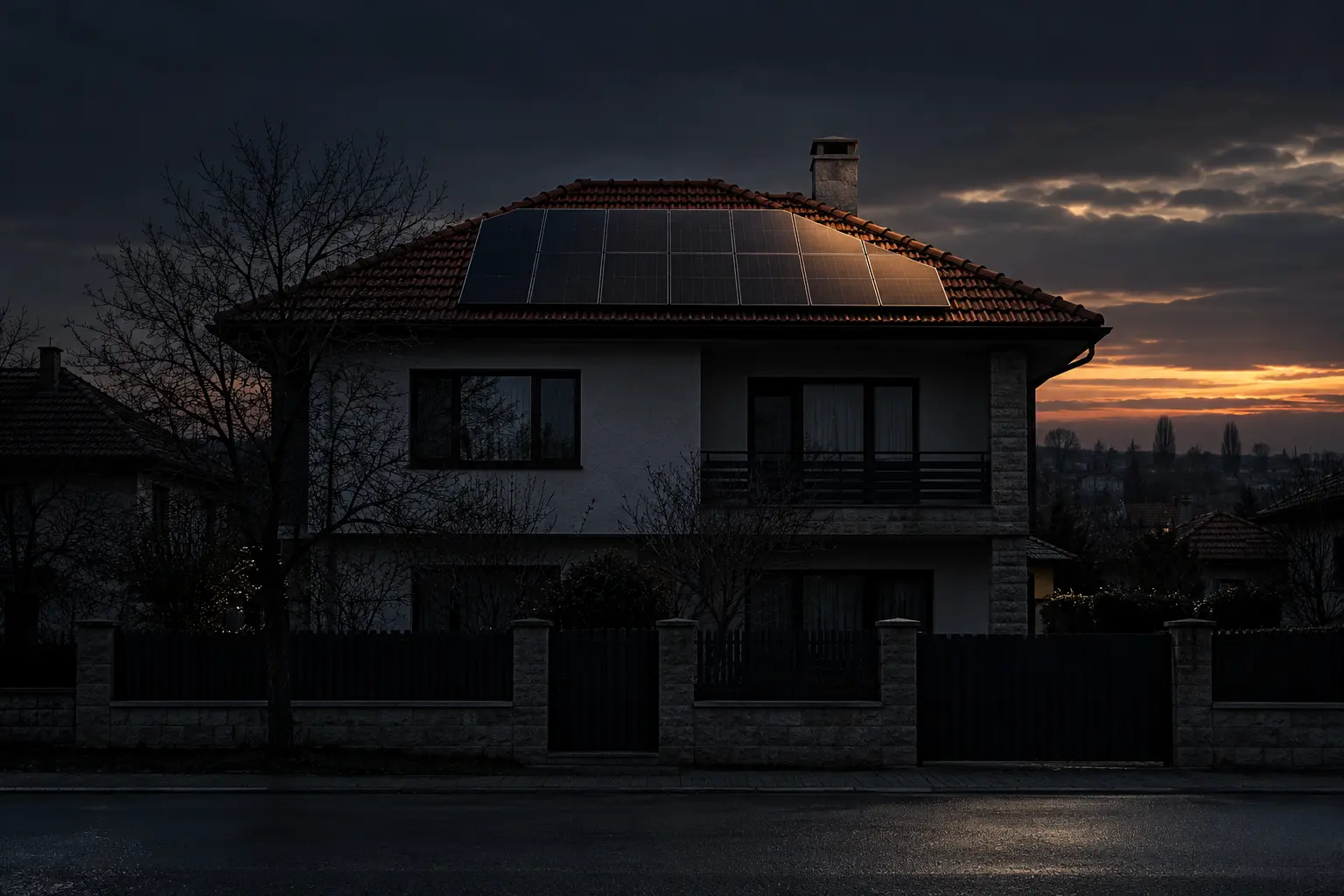 A house with a red tiled roof and a block of solar panels at dusk