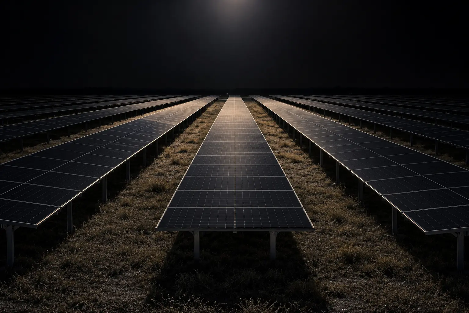 Parallel rows of ground-mounted solar panels on a flat field at night